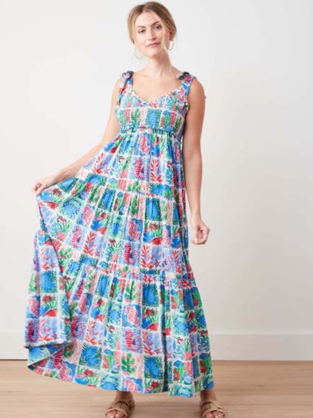 Printfresh cotton sea siren maxi dress smocked bodice tiered skirt beach NWT LG